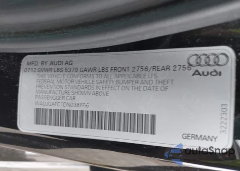 2013 Audi A6 3.0T Premium z USA, uszkodzony, nr VIN WAUJGAFC1DN038656